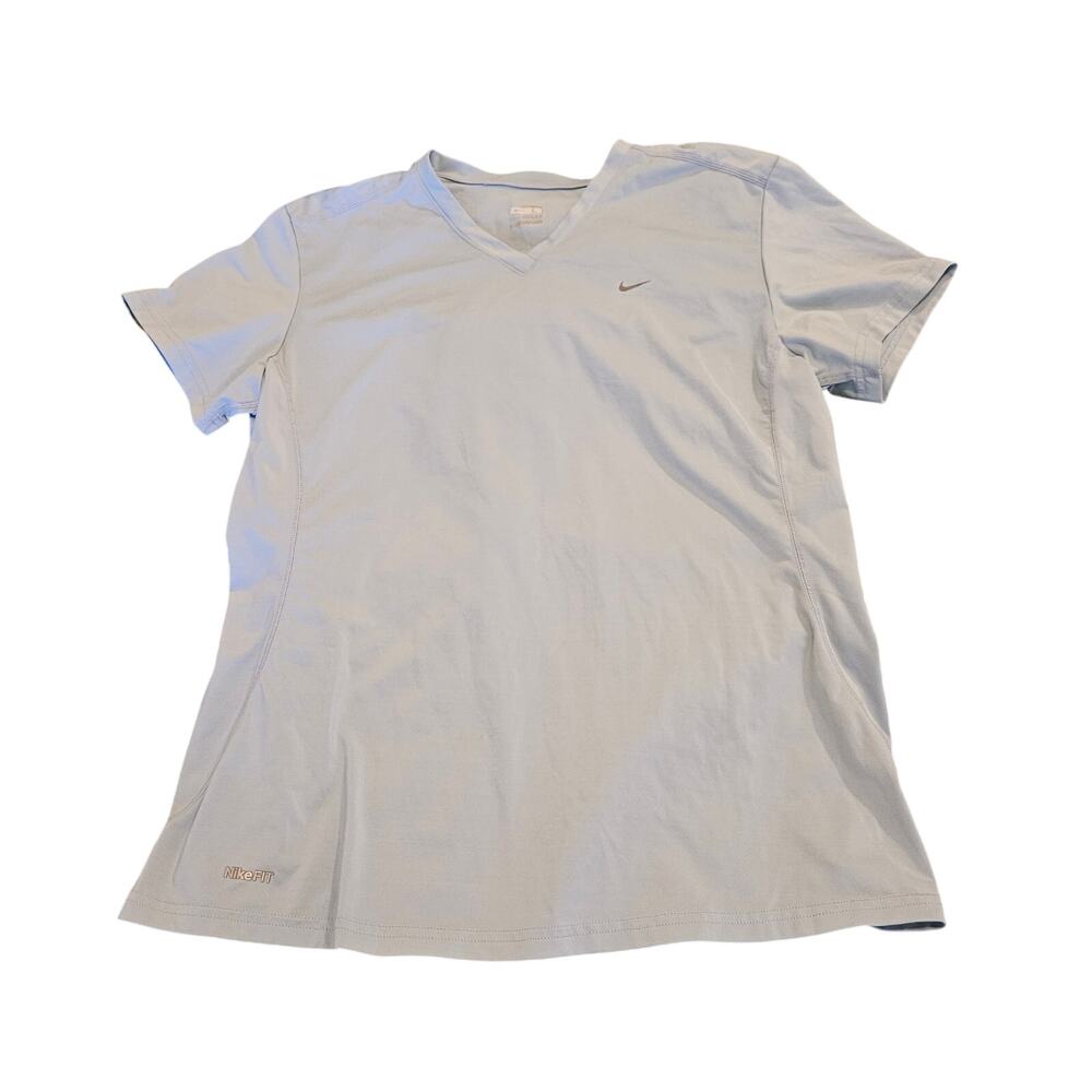 Nike FitDry Women's Large Light Blue V Neck Athletic Workout Shirt Swoosh